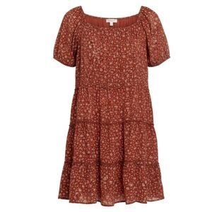 Mini Society Boho Chiffon Mini Dress Tiered Ditzy Floral Rust XL
